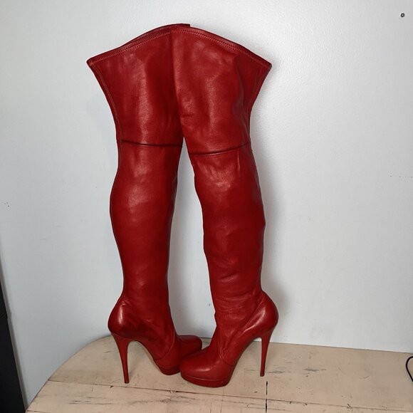 Casadei Red 100% Leather Over The Knee Boots - Picture 4 of 14